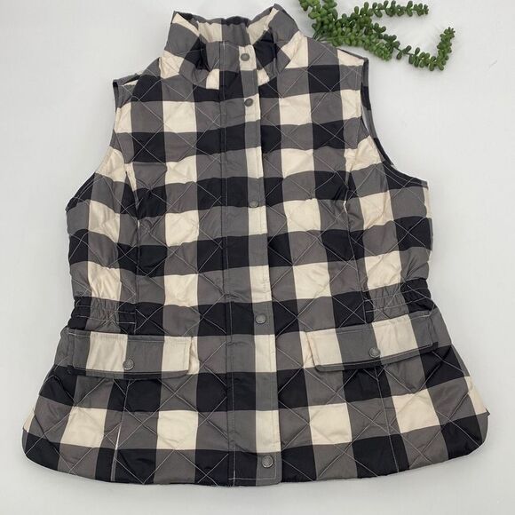 Talbots Down Filled Buffalo Vest Puffer Quilted Check Plaid Zip-Up Black Cream S - Picture 1 of 14